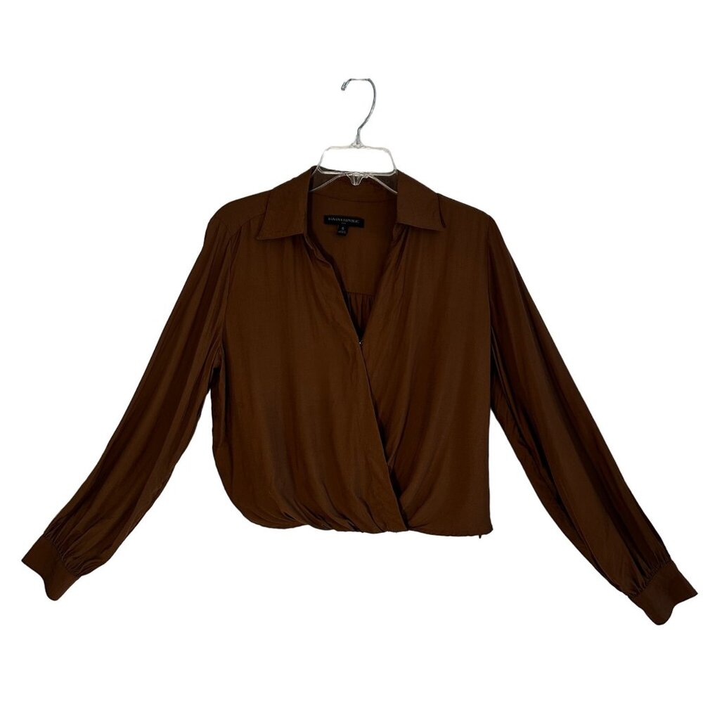 Banana Republic Women's Long Sleeve Cinnamon Spice Cropped Wrap Top Side Zip Sm - Picture 2 of 14